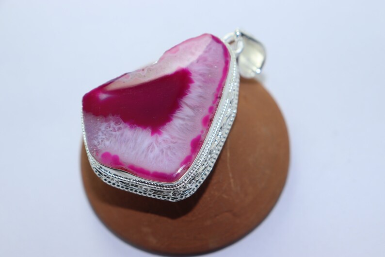 Beautiful Pink Duji stone handmade silver plated pendant.