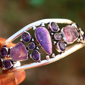Natural Charoite and Raw Amethyst stone handmade heart shape bangle | Silver polish bangle | Cuff bangle | Turkish Bangle | Gift for her