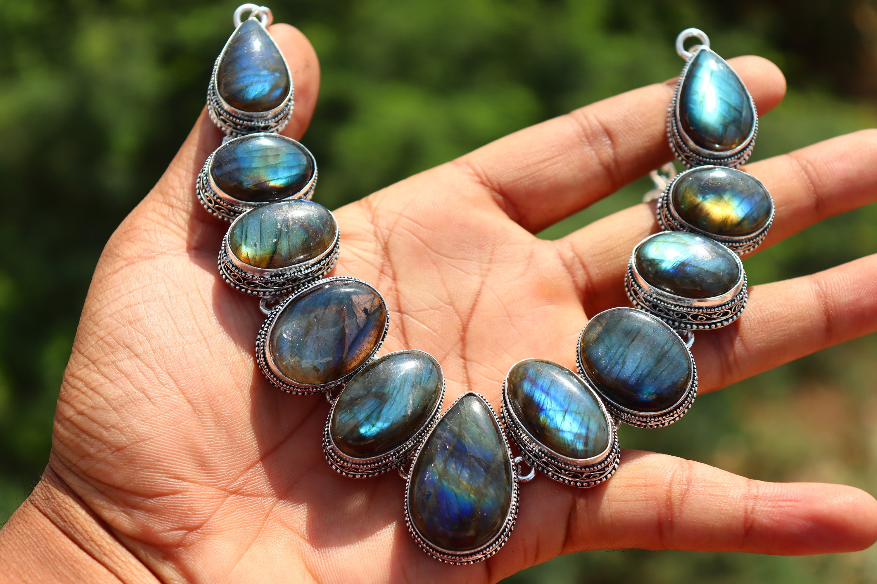 Vintage Labradorite emstone necklace, handmade fire gemstone necklace,  Statement necklace, sterling silver necklace gift for girlfriend her