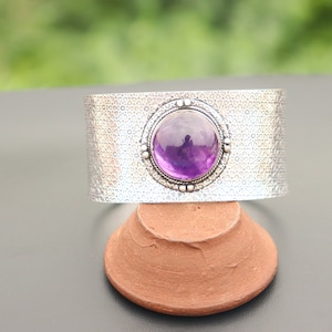 Amethyst Gemstone Bangle: Oxidized Silver Plated Brass