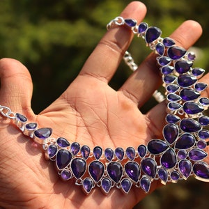 Vintage Amethyst Gemstone Necklace: Handmade Silver Plated Brass Jewelry