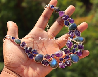 Handmade Labradorite Amethyst Necklace:  Art Deco Jewelry | Boho amethyst necklace |