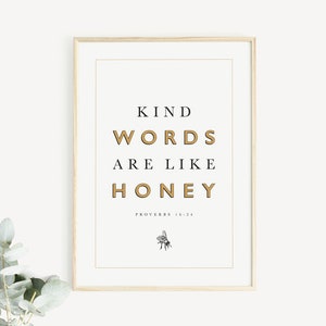 Las palabras amables son como la miel - Proverbios 16:24 / Hermosa impresión de versos bíblicos cristianos de estilo vintage / Regalo minimalista de arte de pared de las Escrituras