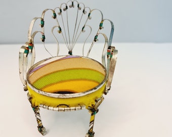 Vintage Tin Can Pincushion Scroll Dollhouse chair Yellow Retro