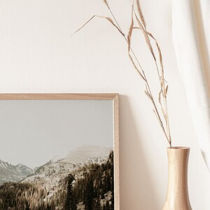 May include: A framed photograph of a mountain range with a forest in the foreground. The photo is hanging on a white wall next to a wooden vase with dried grass.