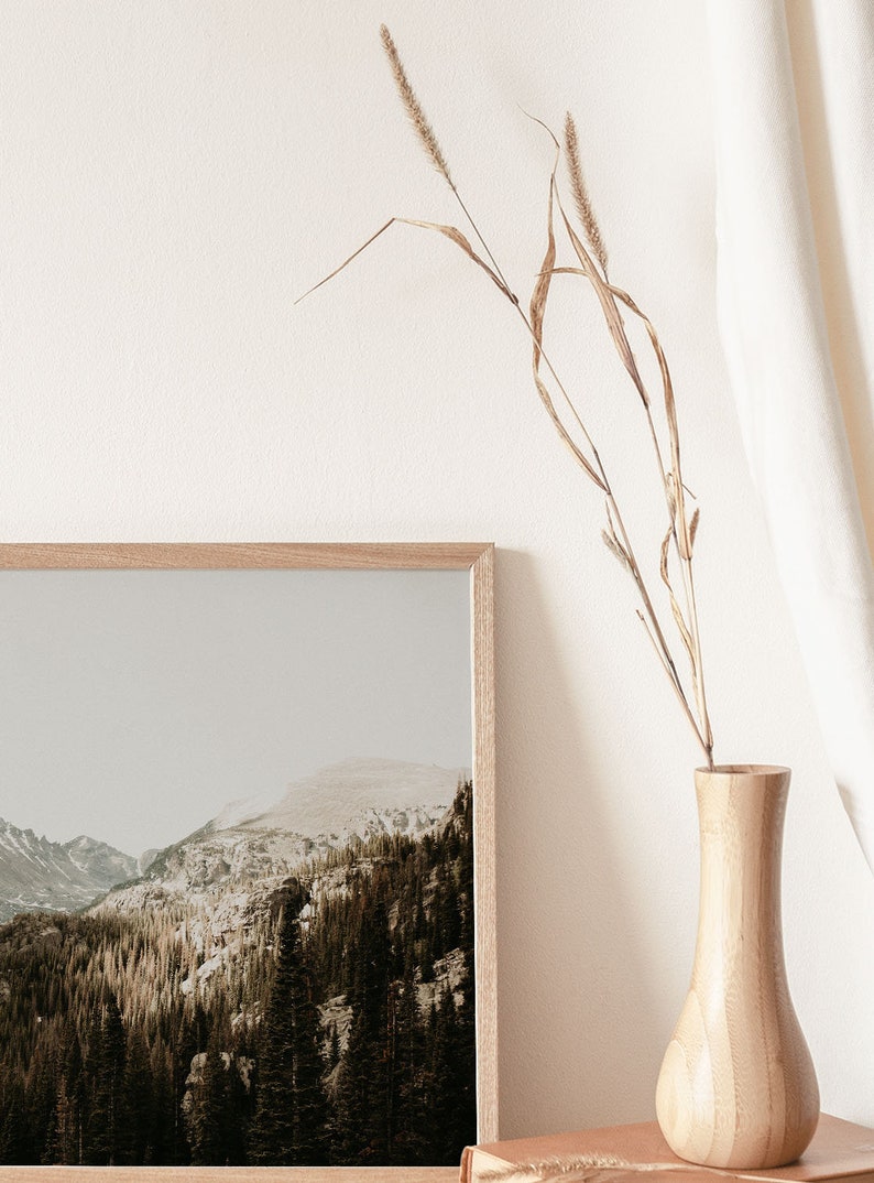 May include: A framed photograph of a mountain range with a forest in the foreground. The photo is hanging on a white wall next to a wooden vase with dried grass.