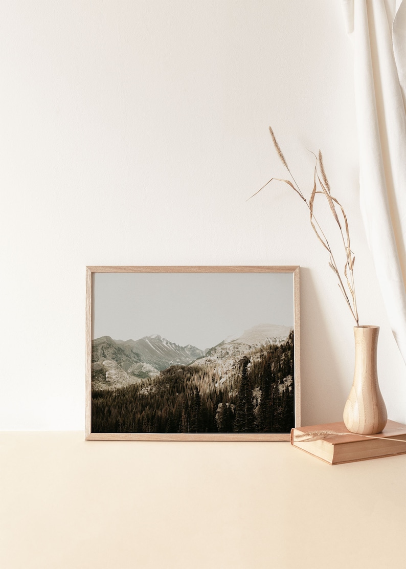 May include: A framed photograph of a mountain range with a forest in the foreground. The photo is in a light wood frame and is sitting on a light brown surface.