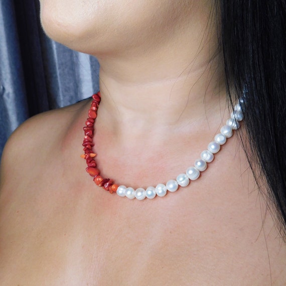 Coral Pearl Necklace Natural Necklace Red and White Necklace