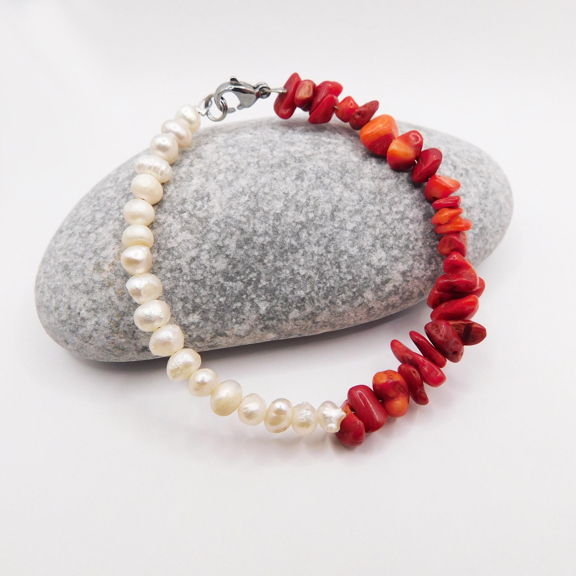 Red Turquoise Bead Bracelet | 8mm | Semi Colon Charm | Natural Stone | Womens