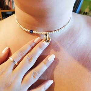 Cowrie Shell Choker, Cowrie Shell Necklace, White Choker, Shell Choker, Gold Shell Necklace