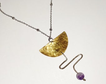 Hammered Necklace, brass, white bronze, amethyst