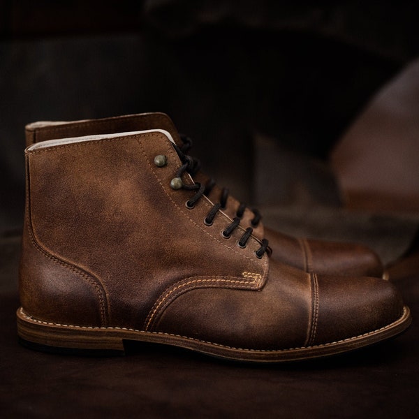 Man Boots 100% Leather Handmade Casual Elegant Boots & Shoes for Men Brown Vintage High Quality Motorcycle Cafe Racer