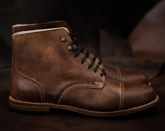 Man Boots 100% Leather Handmade Casual Elegant Boots & Shoes for Men Brown Vintage High Quality Motorcycle Cafe Racer