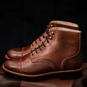 Man Boots 100% Leather Handmade Casual Elegant Boots Men Brown Vintage High Quality Fall Boots, Lace-up Boots, Ankle Boots Military Sole
