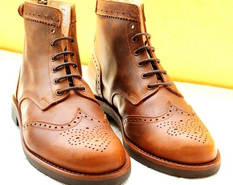 100% Leather Handmade Casual Elegant Boots & Shoes for Men Oxford Style Brown Vintage High Quality Fall Boots, Lace-up Boots, Ankle Boots