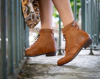 Handmade Leather Oxford Boots, Vintage Brown Lace-up Ankle Boots