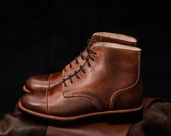 Men’s Handmade Brown Leather Lace-Up Boots | Vintage Ankle Style, Military Sole, Made in Portugal