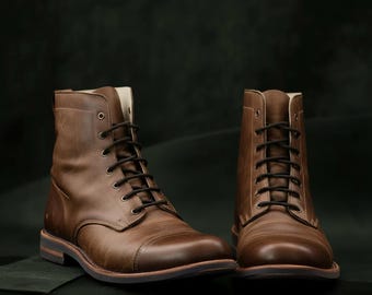 Handmade Mens Leather Ankle Boots, Vintage Lace-Up