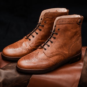 Vrouwen Bruin Cognac Brogue Leren winterlaarzen Handgemaakte Casual Elegante Laarzen Oxford Stijl Bruin Vintage Herfstlaarzen Veterlaarzen
