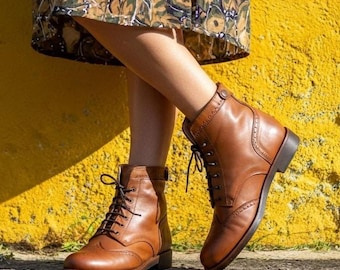 Women Brown Cognac Brogue Leather winter boots Handmade Casual Elegant Boots Oxford Style Brown Vintage Fall Boots Lace-up Boots Ankle Boots