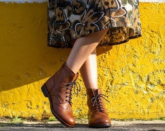 Handmade Leather Brogue Boots: Women's Cognac Oxford Lace-Up Ankle Boots