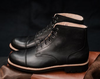 Handmade Retro Black Leather Boots – Military Sole, Vintage Style