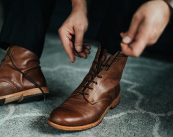 Elegant Handmade Men’s Leather Boots - Classic Brown, High Quality, Lace-Up Ankle Style. Vintage Boots for Every Look