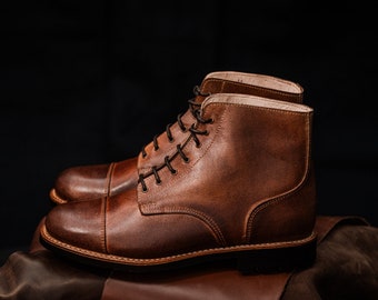 Men’s Handmade Brown Leather Lace-Up Ankle Boots | Vintage Style, Military Sole, Made in Portugal