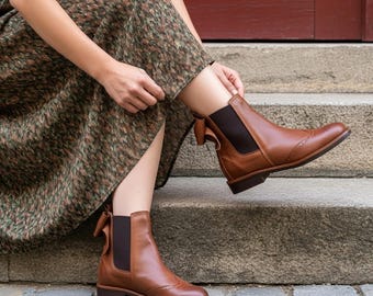 Handmade Leather Chelsea Boots with Bow, Women's Ankle Boots
