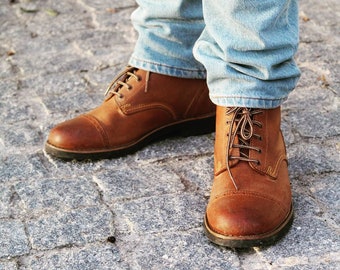 Handmade Leather Lace-Up Ankle Boots, Men's Vintage Style
