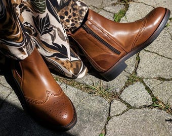 Chelsea  100% Leather Handmade Casual Elegant Boots for Women Oxford Style Brown Vintage High Quality Fall Boots, Lace-up Boots, Ankle Boots