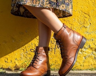 100% Leather Handmade Casual Elegant Boots & Shoes for Women Oxford Style Brown Vintage High Quality Fall Boots, Lace-up Boots, Ankle Boots