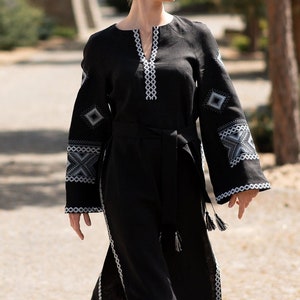Black linen long kaftan dress with embroidery, Embroidered dress, Ukrainian Vyshyvanka, Wedding guest outfit, Boho summer dress