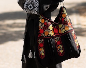 Black embroidered shoulder bags for women, Zippered bag with floral embroidery, Embroidered bag, Embroidered tote bag, Anniversary Gift