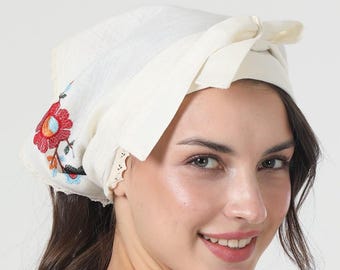 Embroidered linen head wrap, Ivory hemp head scarf for women, Floral embroidery hair accessories, Natural organic bandana head scarf