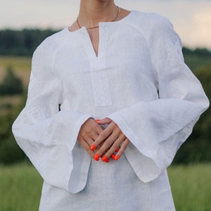 White linen blouse ukrainian vyshyvanka, Embroidered long sleeve top, Street style kimono top for women, Christmas gift for her