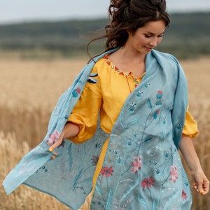 Floral linen scarf, Embroidered scarf for women, Blue linen shawl with botanical embroidery, Large wrap, Gift for mother, Made in Ukraine
