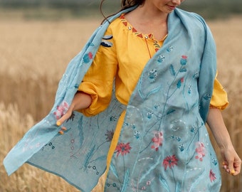Floral linen scarf, Embroidered scarf for women, Blue linen shawl with botanical embroidery, Large wrap, Gift for mother, Made in Ukraine