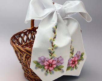 Beaded easter basket sash, Easter bow with handmade floral embroidery, Easter basket cover, Easter decoration for basket or home,Easter gift
