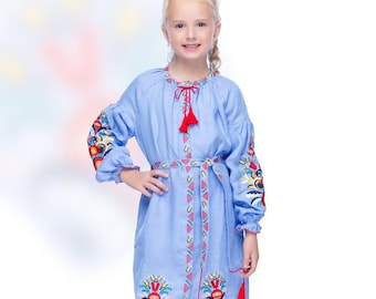 Girls folk dress, Embroidered kids ukrainian vyshyvanka, Blue linen dress with floral embroidery, Girl vyshyvanka dress, Summer linen dress