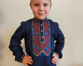 Navy vyshyvanka for boys, Kids ukrainian embroidered shirt, Long sleeve linen shirt with folk embroidery, Traditional shirt made in Ukraine