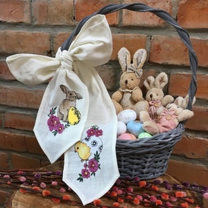 Easter basket tag, Easter bow, Easter bunny bow, Embroidered easter décor for basket, Easter eggs, Easter decoration, Easter gift