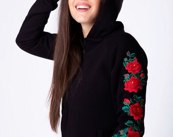 Floral Sweatshirt Women,Embroidered Zip up Hoodie,Roses Sweatshirt,Embroidered Sweatshirt,Zip up Sweatshirt Embroidery Floral,Easter gift