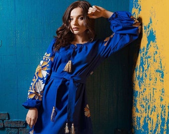 Indigo blue vyshyvanka dress with slavic ukrainian embroidery, Summer linen embroidered dress, Traditional bohemian dress with long sleeves