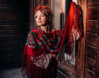 Folk shawl with fringe, Red wool shawl wrap, Slavic shawl, Ukrainian scarf, Vintage style, Floral square scarf, Birthday gift,Christmas gift