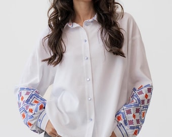 White linen cotton blouse with embroidered sleeves, Folk women’s shirt with ukrainian geometric embroidery, Modern Vyshyvanka