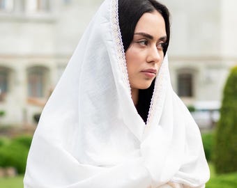 Linen infinity veil for women, White catholic church mantilla, Lightweight chapel head covering, Modest wedding veil, Prayer scarf shawl