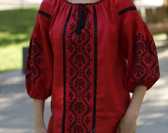 Ukrainian embroidered blouse women, Red linen blouse in boho style, Vyshyvanka shirt for women, Puff sleeve linen blouse,