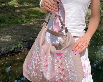 Linen shoulder bag, Boho cross body bag, Botanical embroidered bag, Birthday gift for her, Floral tote bag, Long strap bag, Christmas gift