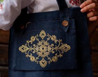 Navy embroidered tote bag canvas, Linen bags for women, Floral shoulder bag, Eco friendly tote, Novy tote bag, Birthday gift